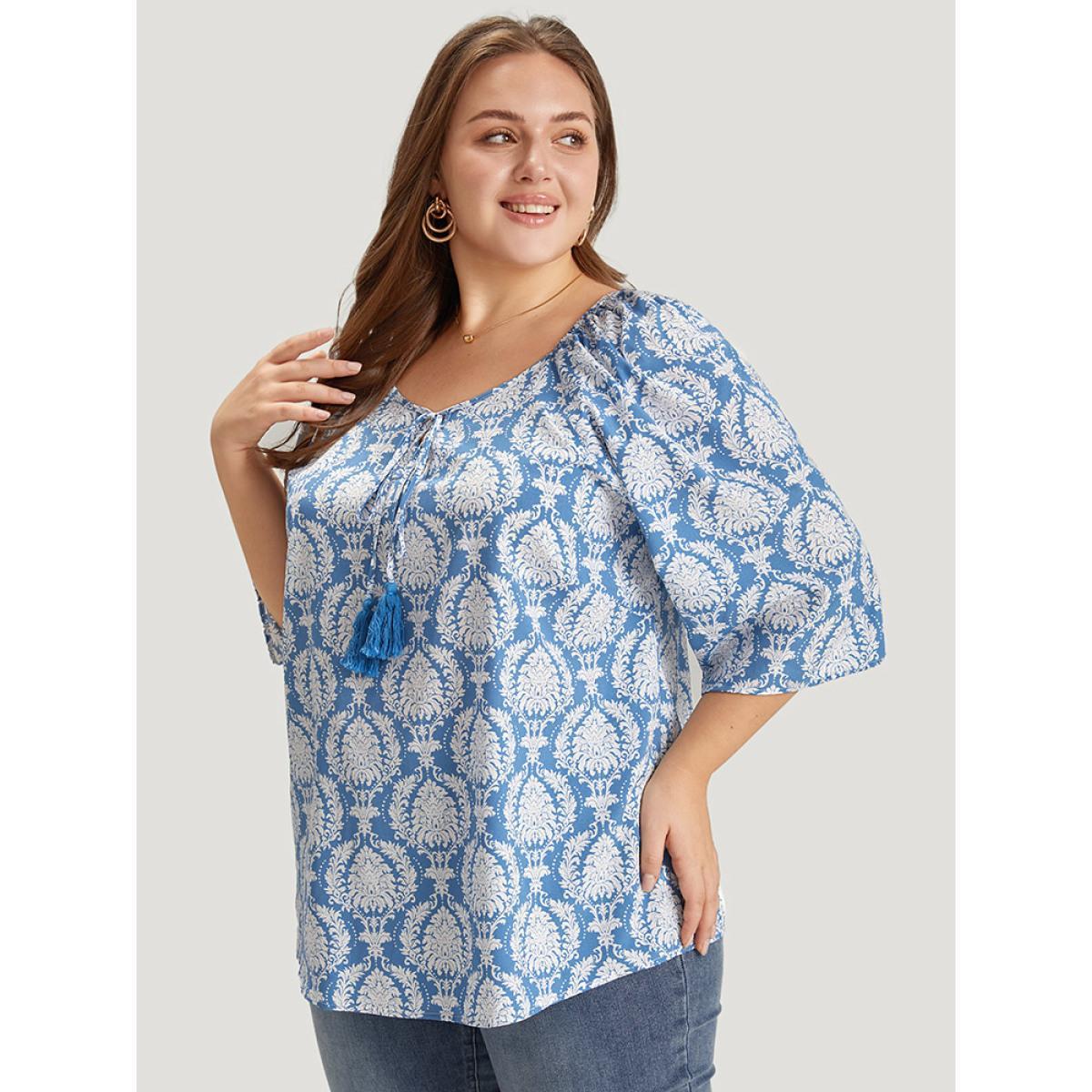 Plus Size Multicolor Boho Print Knot Neck Tassels Puff Sleeve Blouse Women Vacation Elbow-length sleeve Round Neck Dailywear Blouses BloomChic 10/M Product Image