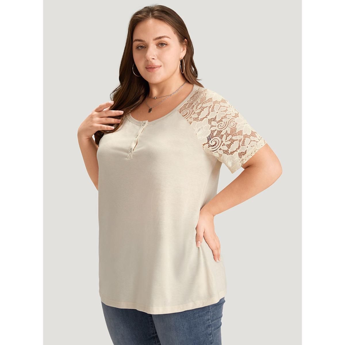 Plus Size Solid Raglan Sleeve Contrast Lace T-shirt Ivory Women Elegant Plain Round Neck Dailywear T-shirts BloomChic 28/5X Product Image