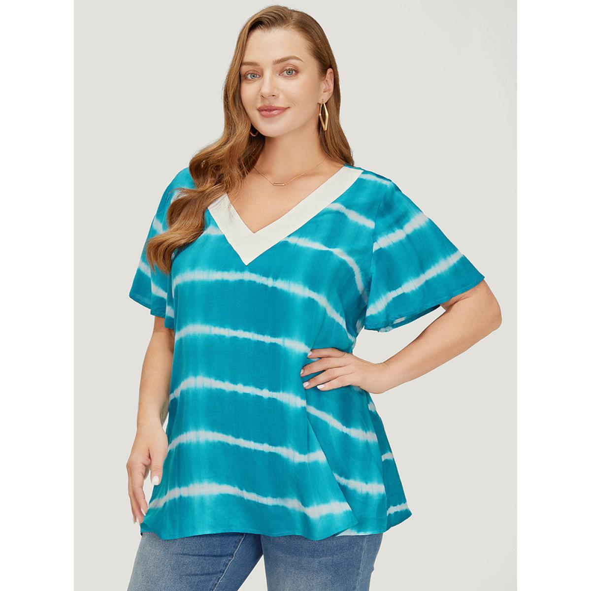 Plus Size Cerulean Tie Dye Contrast Trim Striped Blouse Women Vacation Short sleeve V-neck Dailywear Blouses BloomChic 30/6X Product Image