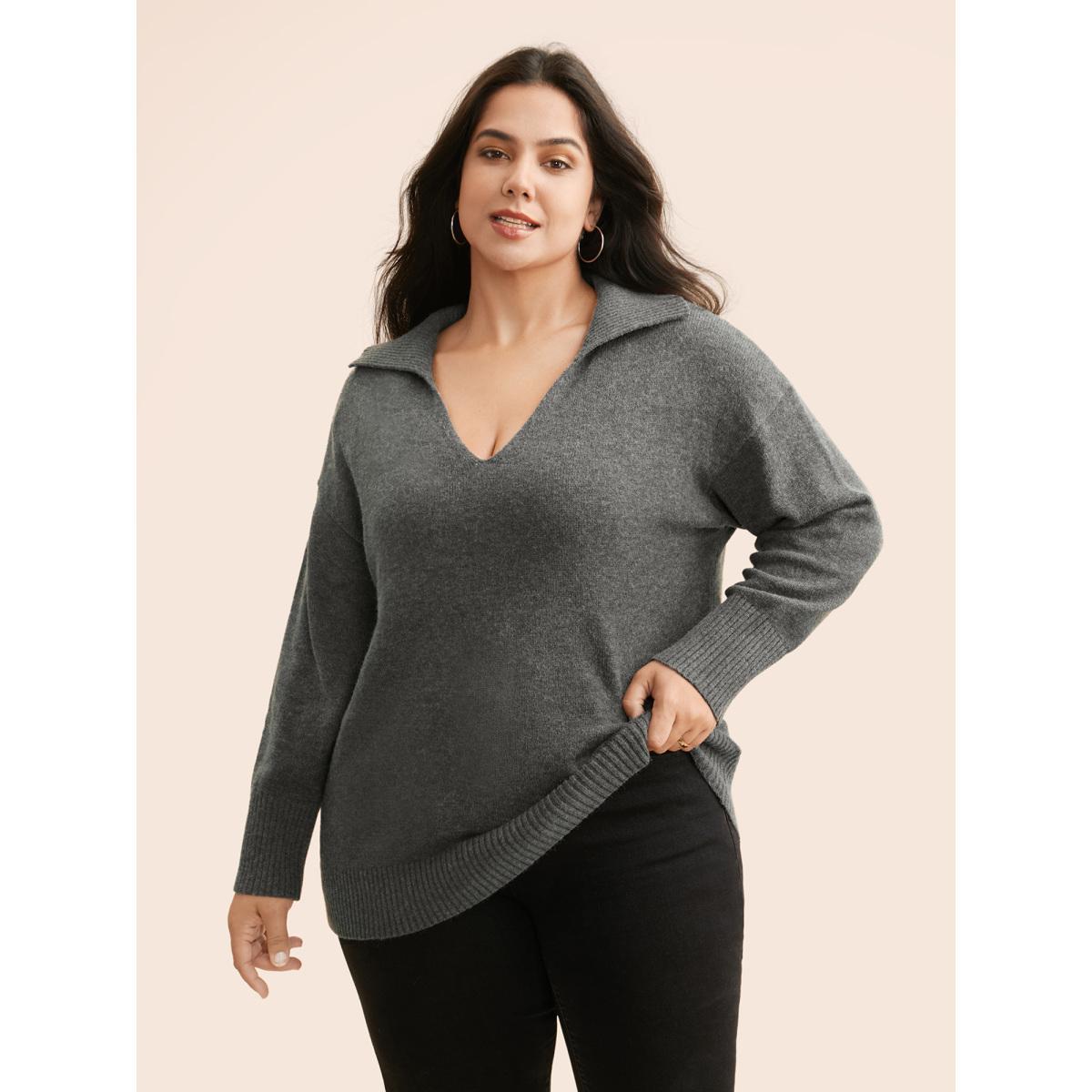 Plus Size Supersoft Essentials Lapel Collar Wool Pullover DimGray Women Casual Long Sleeve Lapel Collar Everyday Pullovers BloomChic 18-20/2X Product Image