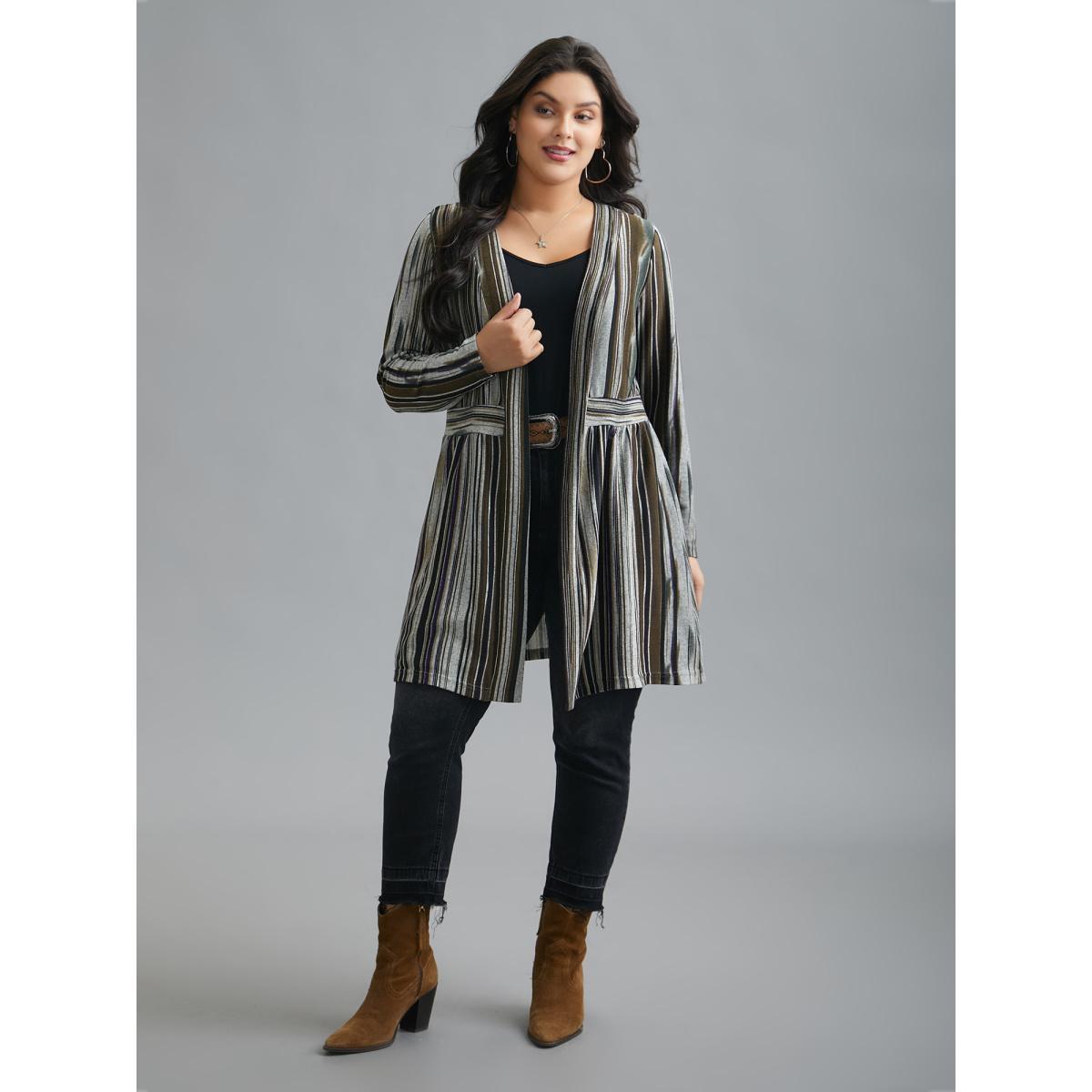 Plus Size Colored Striped Open Front Waist Defining Jacket Women Multicolor Contrast Bodycon Side seam pocket Everyday Jackets BloomChic 18-20/2X Product Image