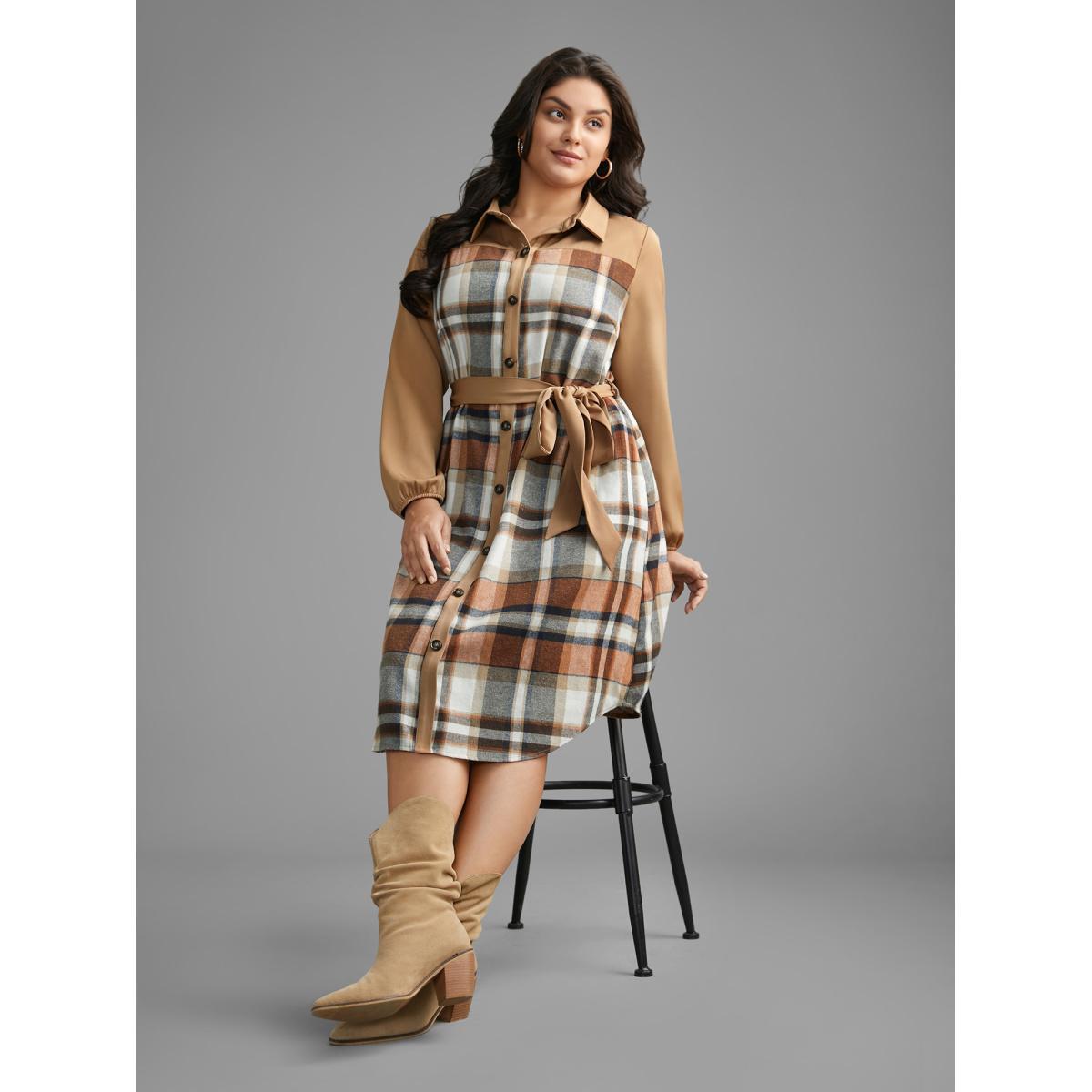 Plus Size Shirt Collar Plaid Patchwork Belted Dress Bronze Women Casual Belted Shirt collar Long Sleeve Curvy BloomChic 10/M Product Image