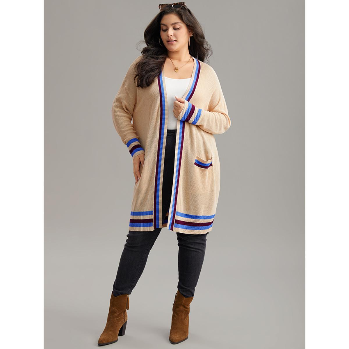 Plus Size Contrast Striped Patched Pocket Drop Shoulder Cardigan Champagne Women Casual Loose Long Sleeve Dailywear Cardigans BloomChic 18-20/2X Product Image