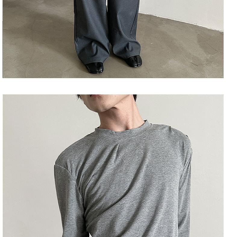 Long Sleeve Crew Neck Plain Ruched T-Shirt Product Image