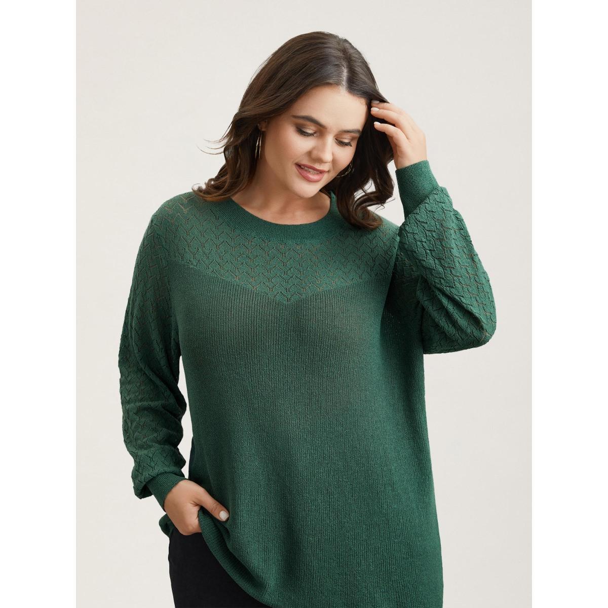 Plus Size Cut-Out Textured Ribbed Hem Pullover Truegreen Women Casual Loose Long Sleeve Round Neck Everyday Pullovers BloomChic 26/4X Product Image