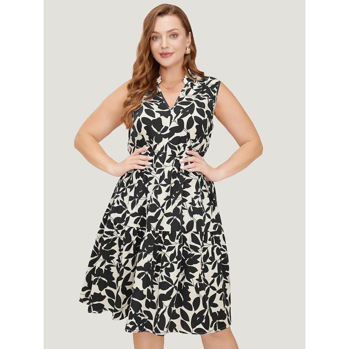 Plus Size Floral Ptrint Pocket Ruffle Tiered Stand Collar Tank Dress Black Women Elegant Tiered Stand-up collar Sleeveless Curvy Knee Dress BloomChic 10/M Product Image