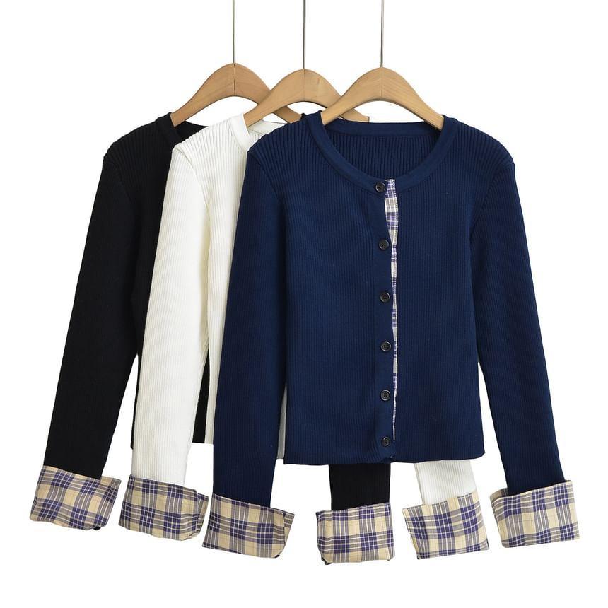 Mock Two-Piece Long-Sleeve Crew Neck Plaid Panel Button Ribbed Knit Top Product Image