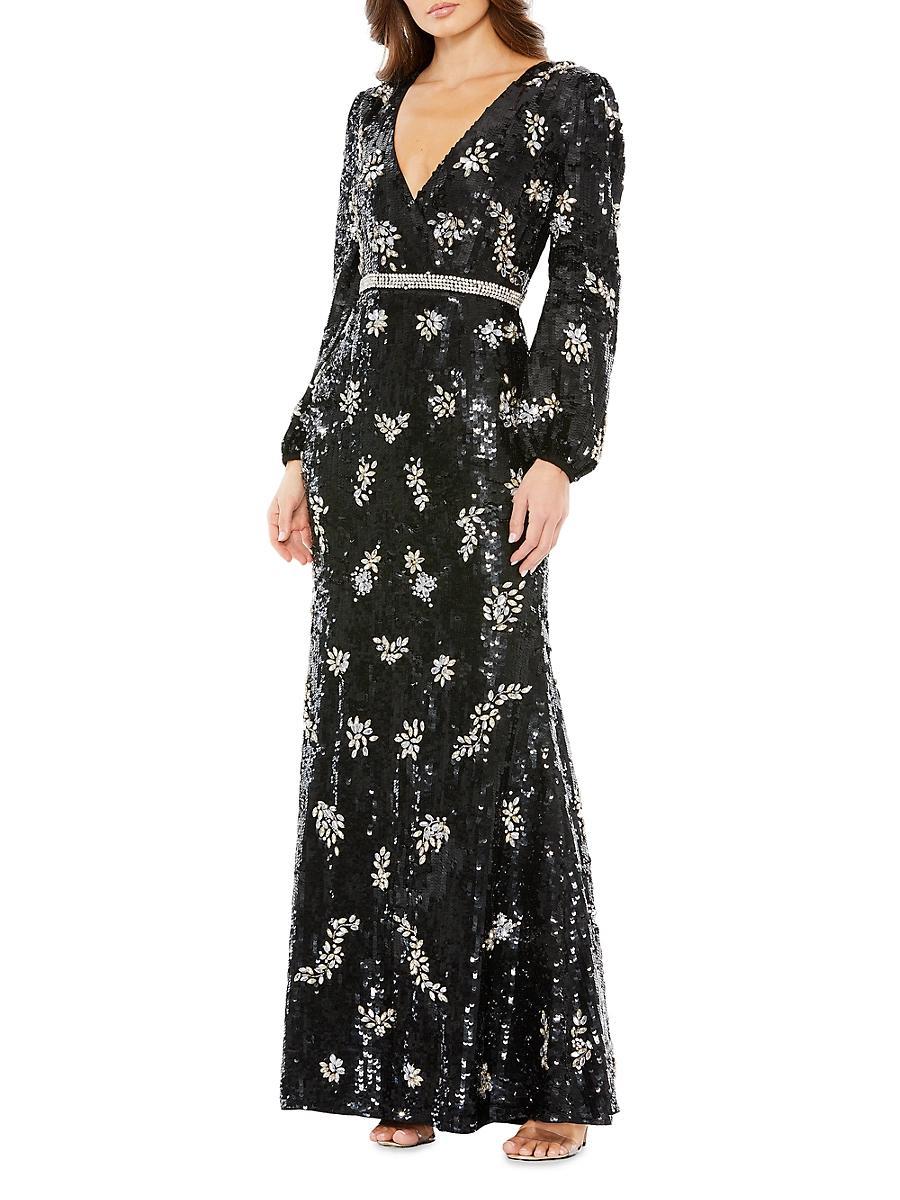 Womens Embellished Wrap Bishop-Sleeve Gown Product Image