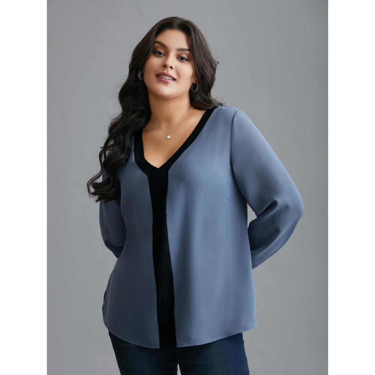 Plus Size Stone Contrasting Panel Lantern Sleeve Shirt Women Elegant Long Sleeve V-neck Everyday Blouses BloomChic 18-20/2X Product Image