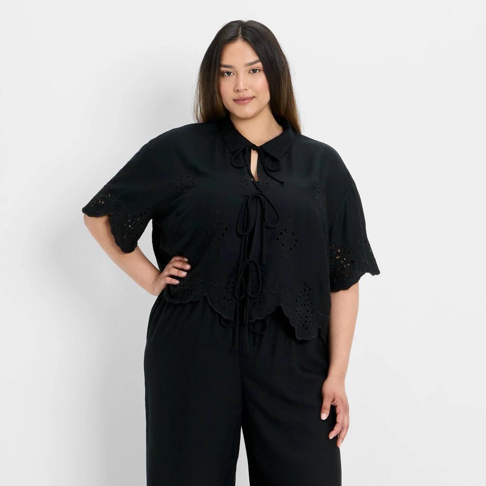 Women's Short Sleeve Embroidered Tie-Front Blouse - Future Collective Product Image