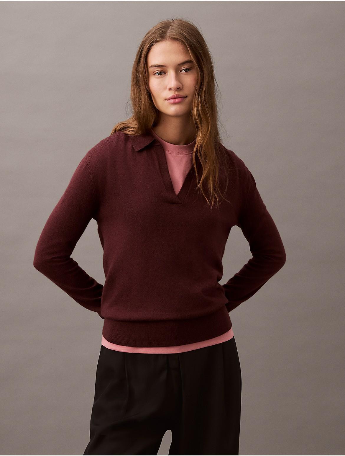 Calvin Klein Women's Extra Fine Merino Blend Polo Sweater - Neutral - XL Product Image
