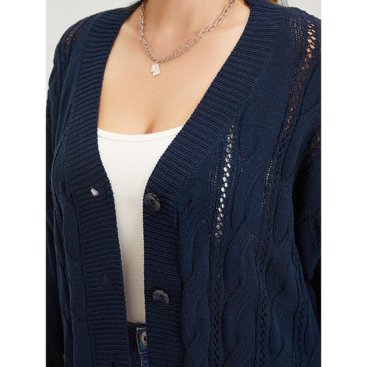Plus Size Plain Button Up Cable Knit Split Side Cardigan Indigo Women Casual Loose Long Sleeve Everyday Cardigans BloomChic 28/5X Product Image