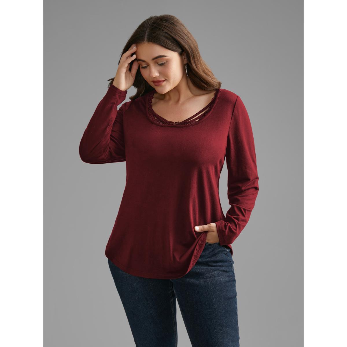 Plus Size Plain Lace Patchwork Crisscross T-shirt Burgundy Women Casual Patchwork U-neck Everyday T-shirts BloomChic 10/M Product Image