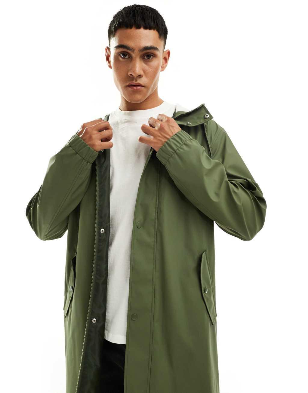 ASOS DESIGN longline rubberized windbreaker jacket in khaki Product Image