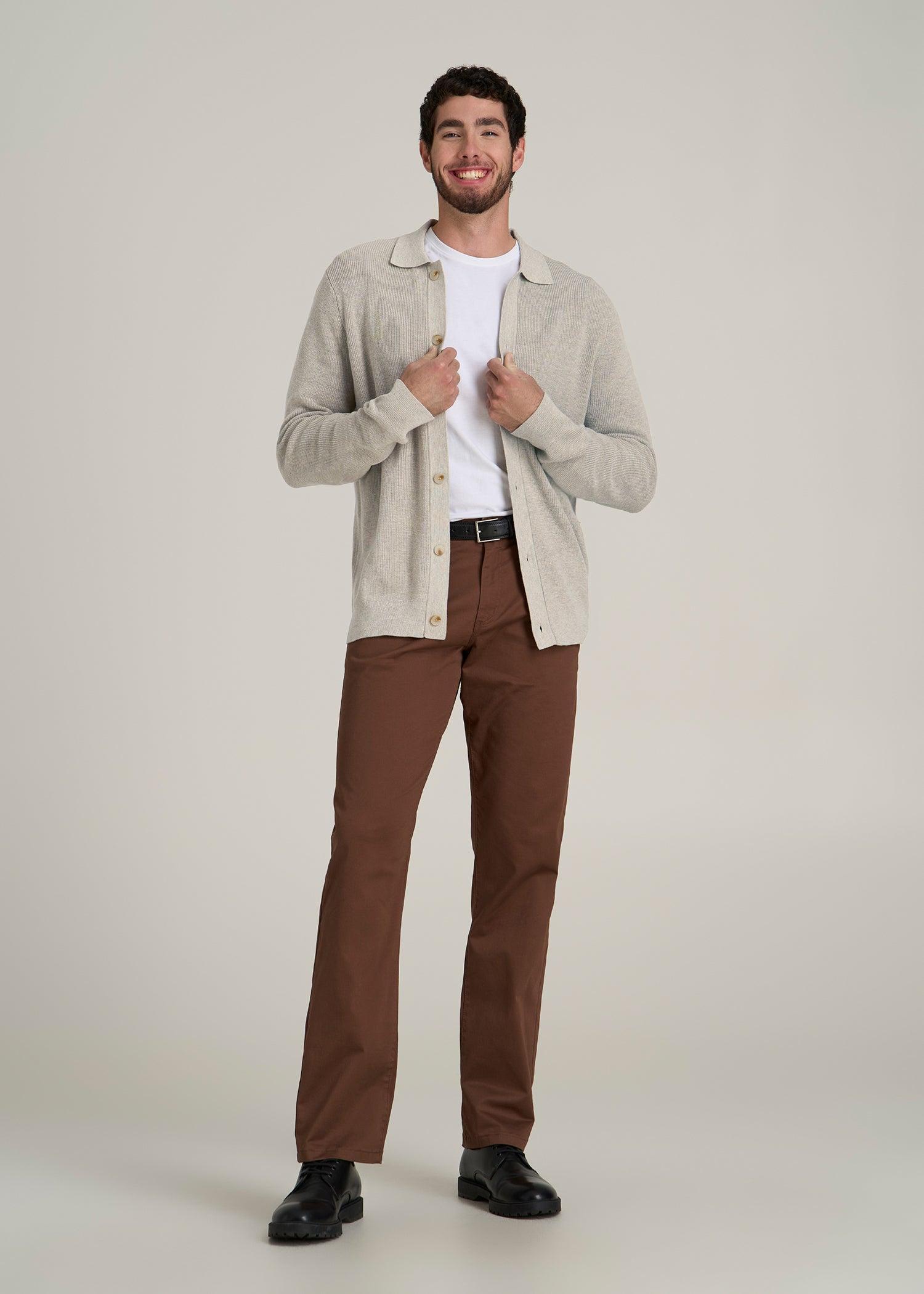 Sweater Polo Cardigan for Tall Men in Cream Beige Male Product Image