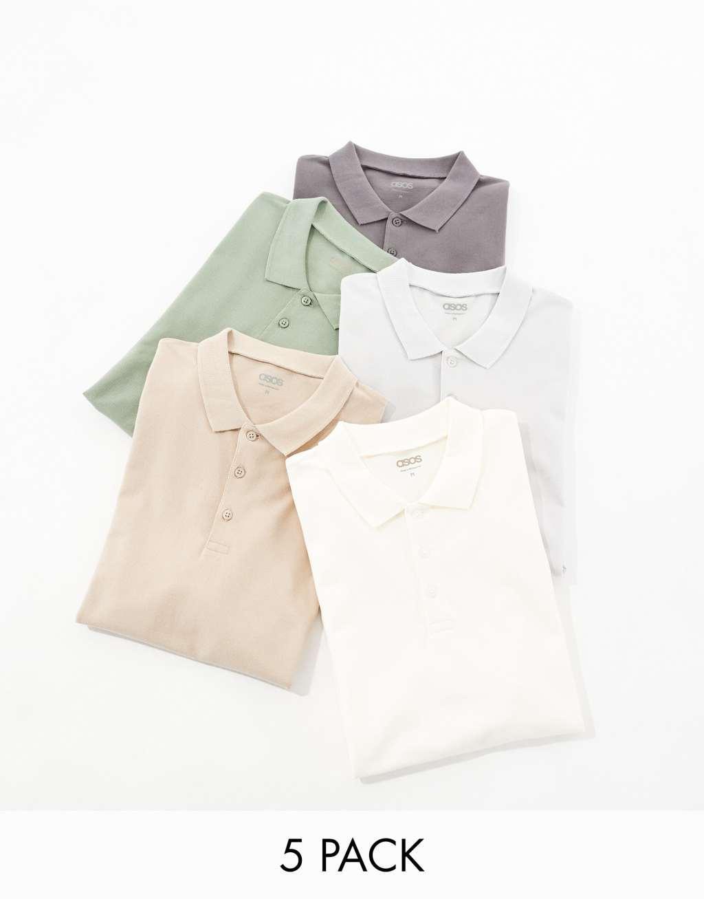 ASOS DESIGN 5 pack pique polos in multiple colors Product Image
