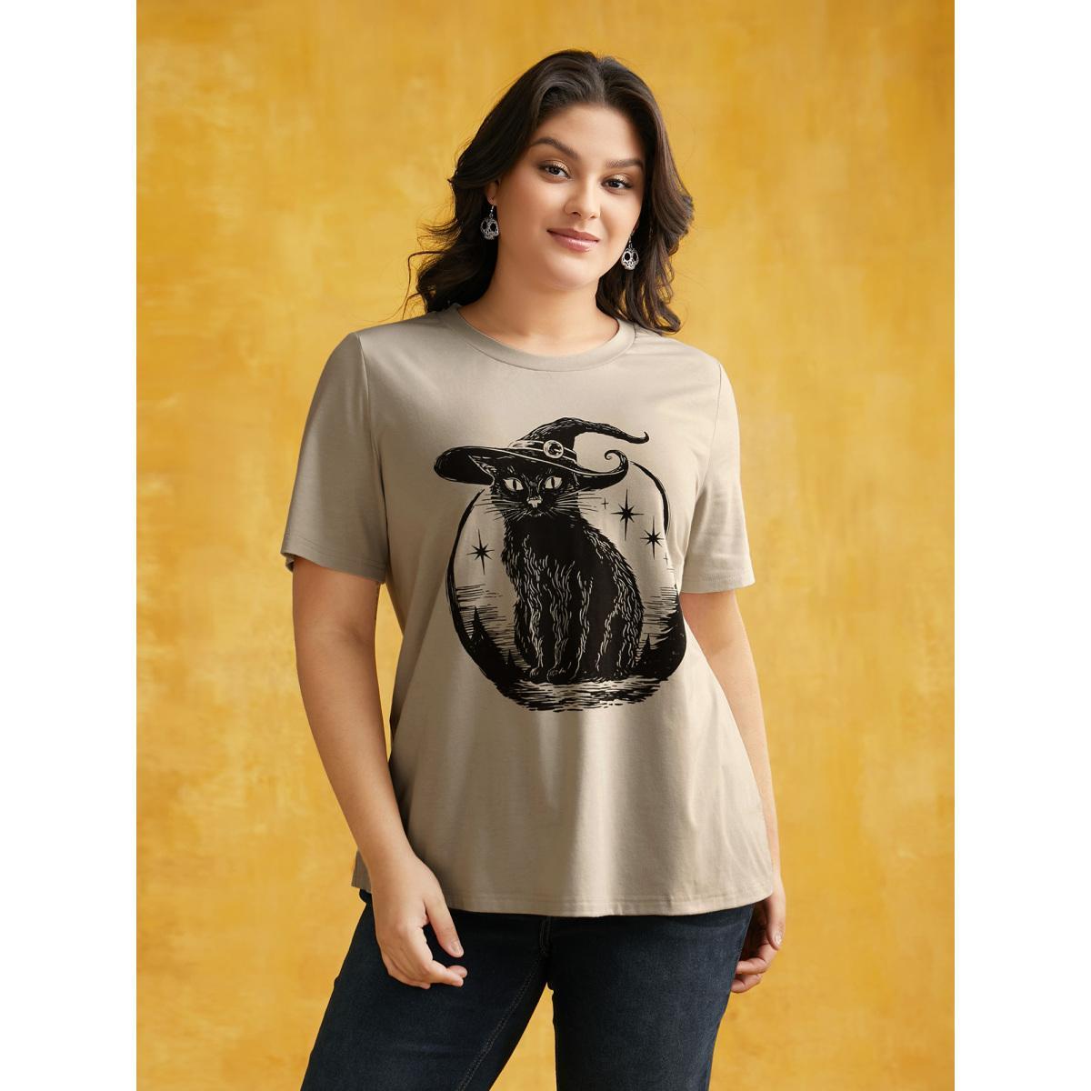 Plus Size Bewitched Cat Printed Crew Neck T-shirt Champagne Women Casual Non Halloween Round Neck Everyday T-shirts BloomChic 26/4X Product Image
