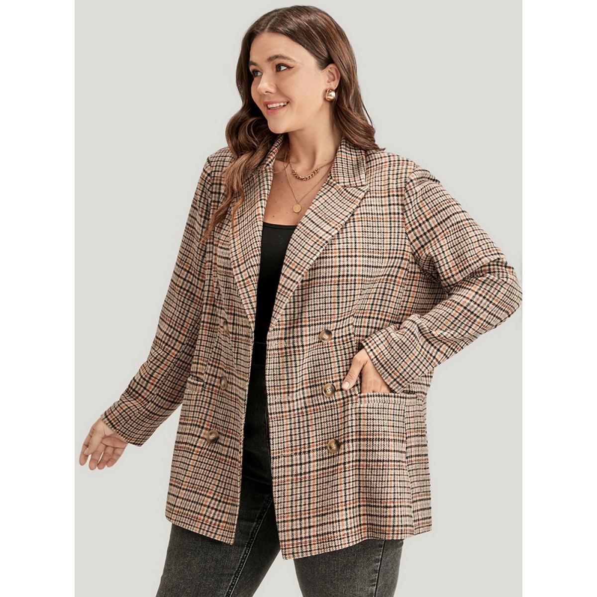 Plus Size Tartan Suit Collar Button Up Pocket Blazer LightBrown Women Work Plaid Button Sleeve Long Sleeve Lapel Collar 26/4X Pocket Office Blazers BloomChic Product Image