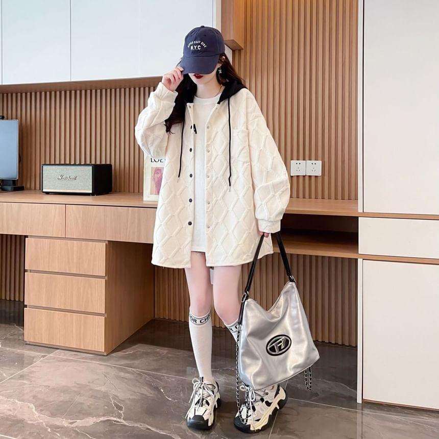 Two Tone Drawstring Hooded Button Jacket Product Image