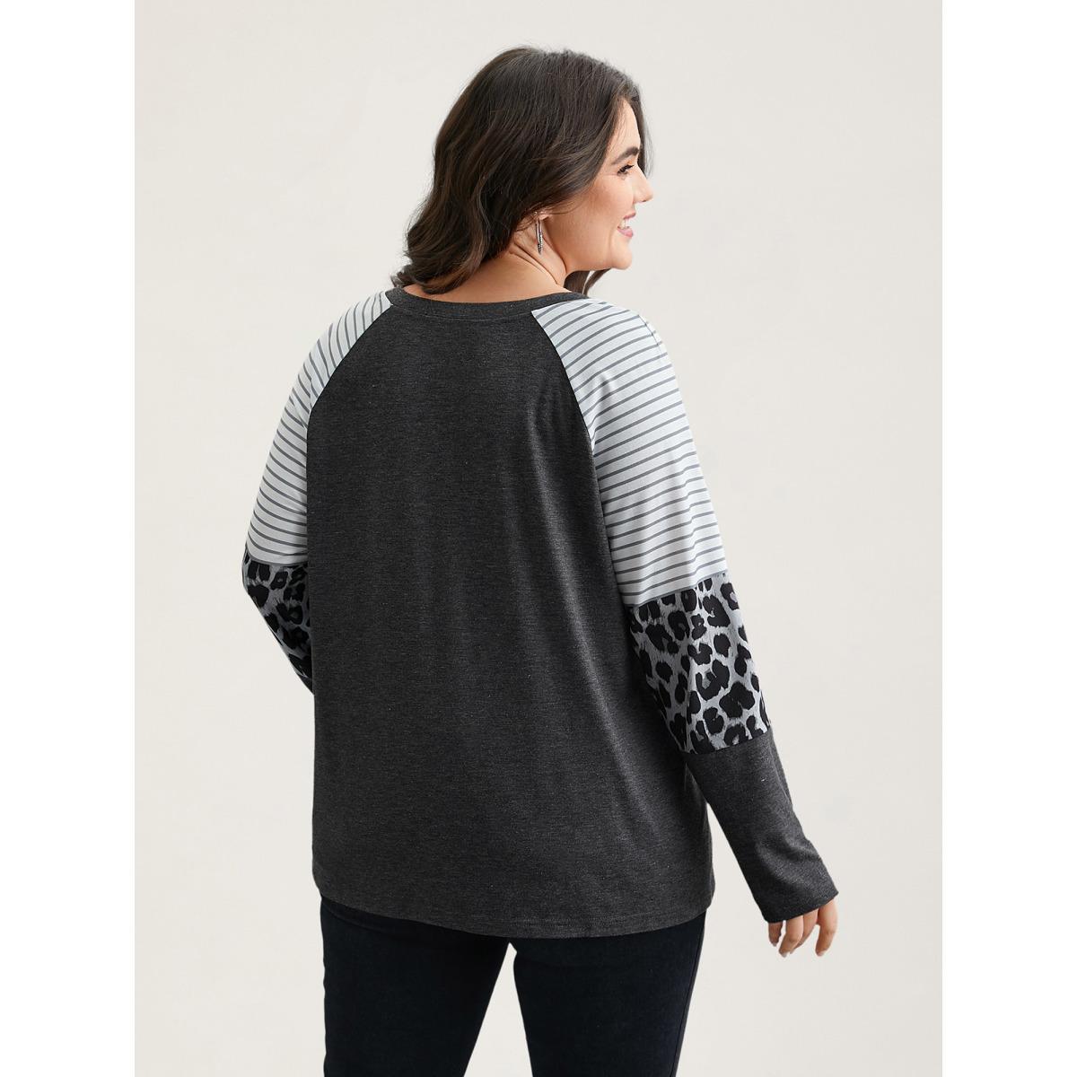 Plus Size Mixed Leopard Print Raglan Sleeve T-Shirt DimGray Women Casual Contrast Round Neck Everyday T-shirts BloomChic 22-24/3X Product Image