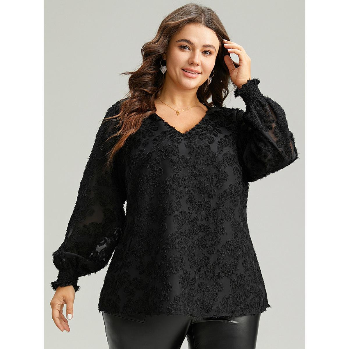 Plus Size Black Plain Appliques Mesh V Neck Shirred Blouse Women Glamour Long Sleeve V-neck Festival-Christmas Blouses BloomChic 28/5X Product Image