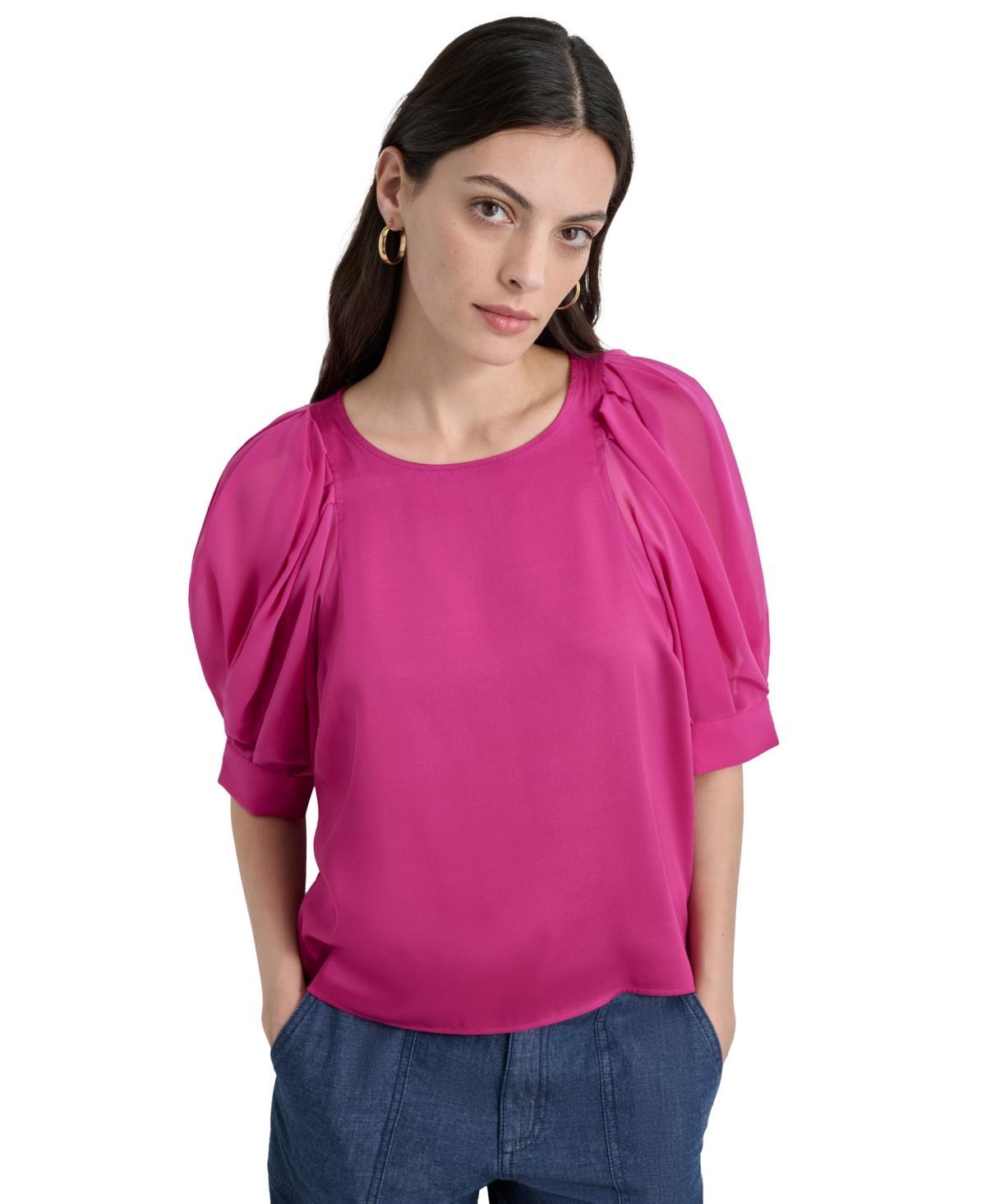 Dkny Womens Mixed-Media Chiffon Puff-Sleeve Top Product Image
