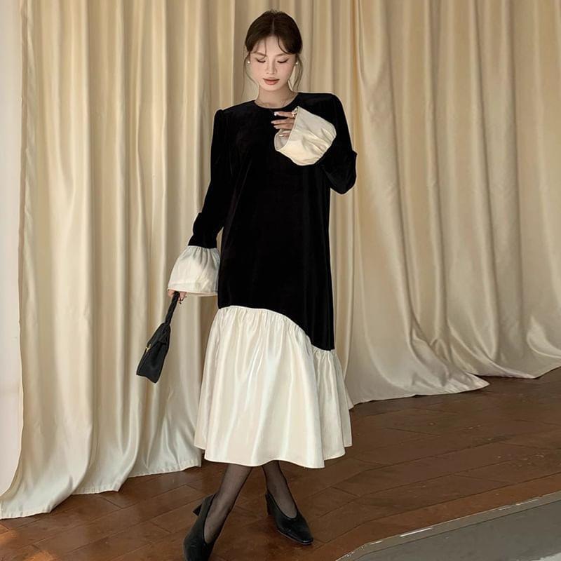 Long-Sleeve Round Neck Two Tone Ruffle Panel Velvet Midi Tunic Dress Product Image