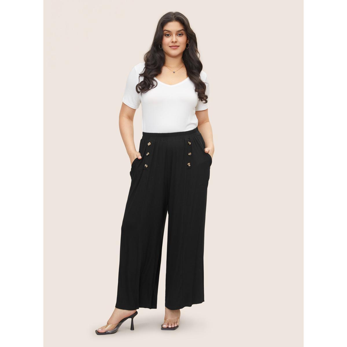 Plus Size Supersoft Essentials Button Detail Wide Leg Pants Women Black Elegant Wide Leg High Rise Everyday Pants BloomChic 12/L Product Image