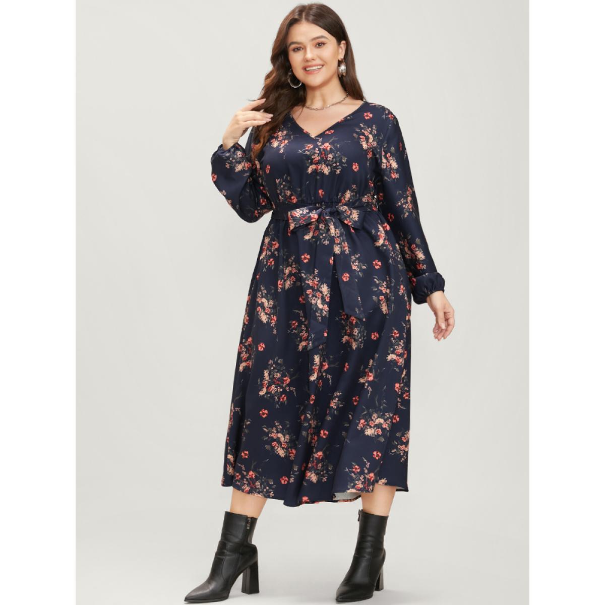 Plus Size Floral Print V Neck Lantern Sleeve Pocket Belted Dress Navy Women Elegant Elastic Waist V-neck Long Sleeve Curvy Midi Dress BloomChic 30/6X Product Image