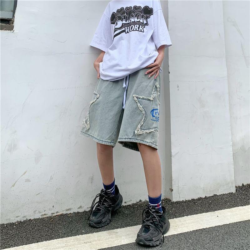 Mid Waist Embroidered  Denim Shorts Product Image