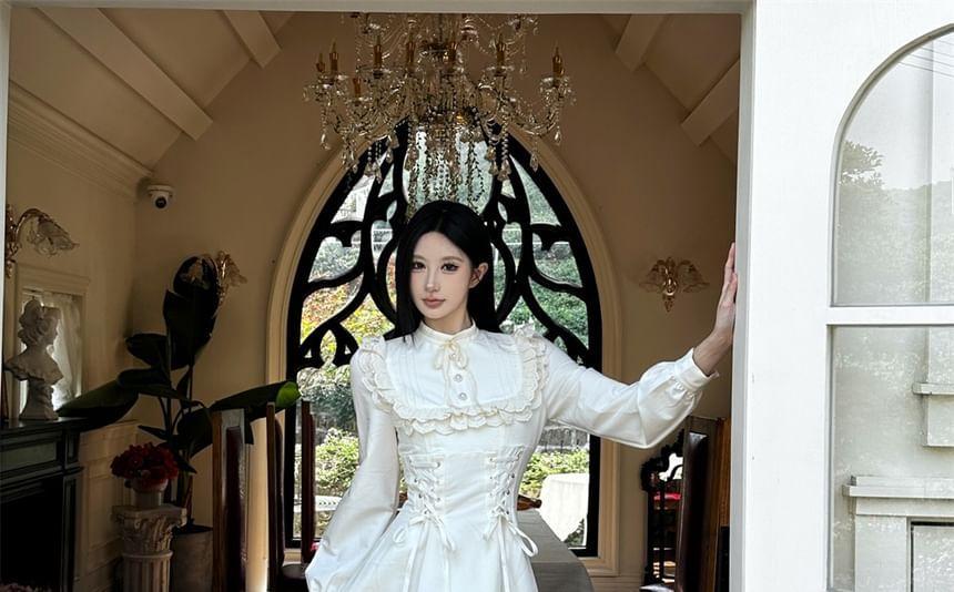 Long-Sleeve Stand Collar Plain Lace Trim Pintuck Lace-Up Midi A-Line Dress Product Image