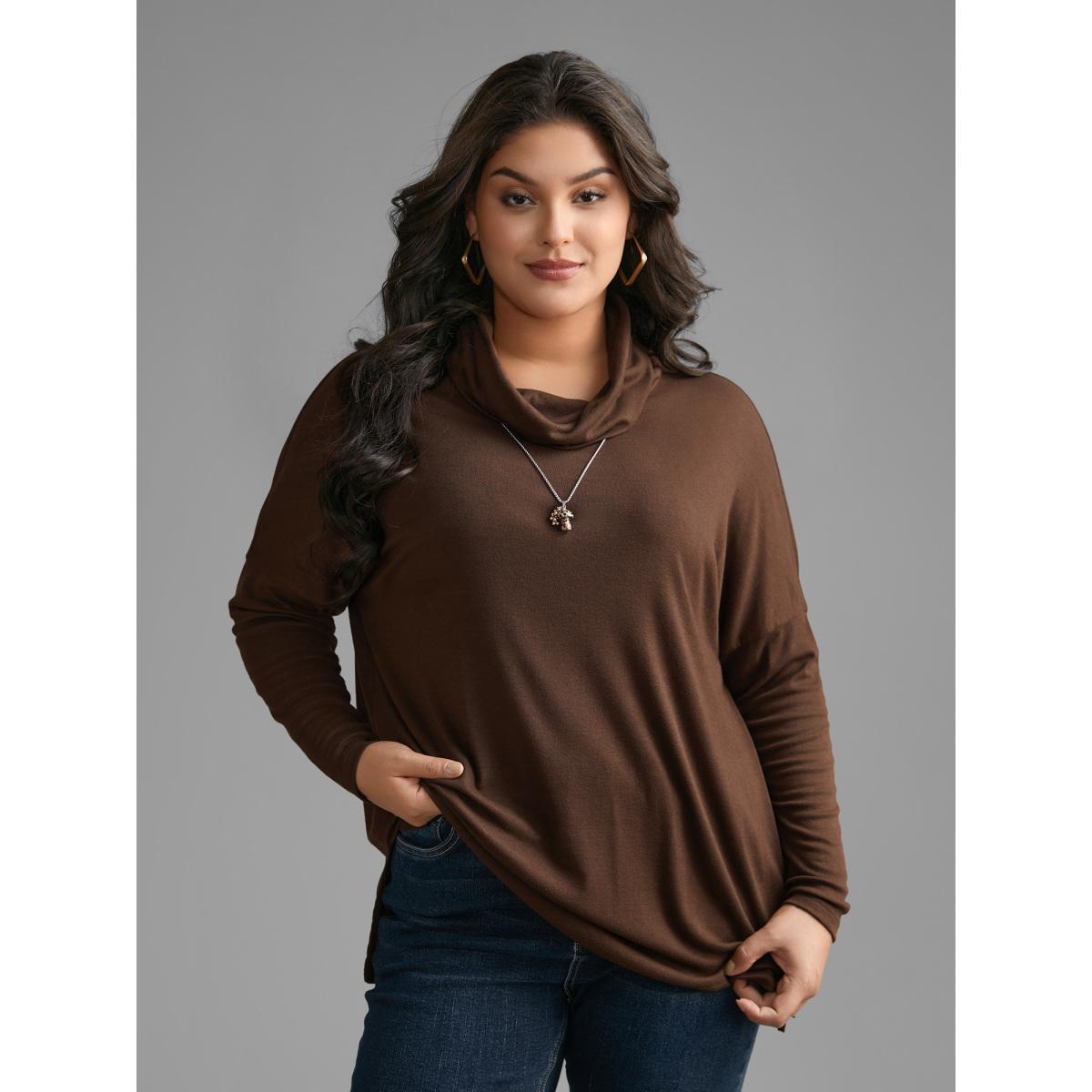 Plus Size Turtleneck Dolman Sleeve Split Hem T-shirt Browncoffeecolor Women Casual Slit Ruffled collar Loose Everyday T-shirts BloomChic 28/5X Product Image