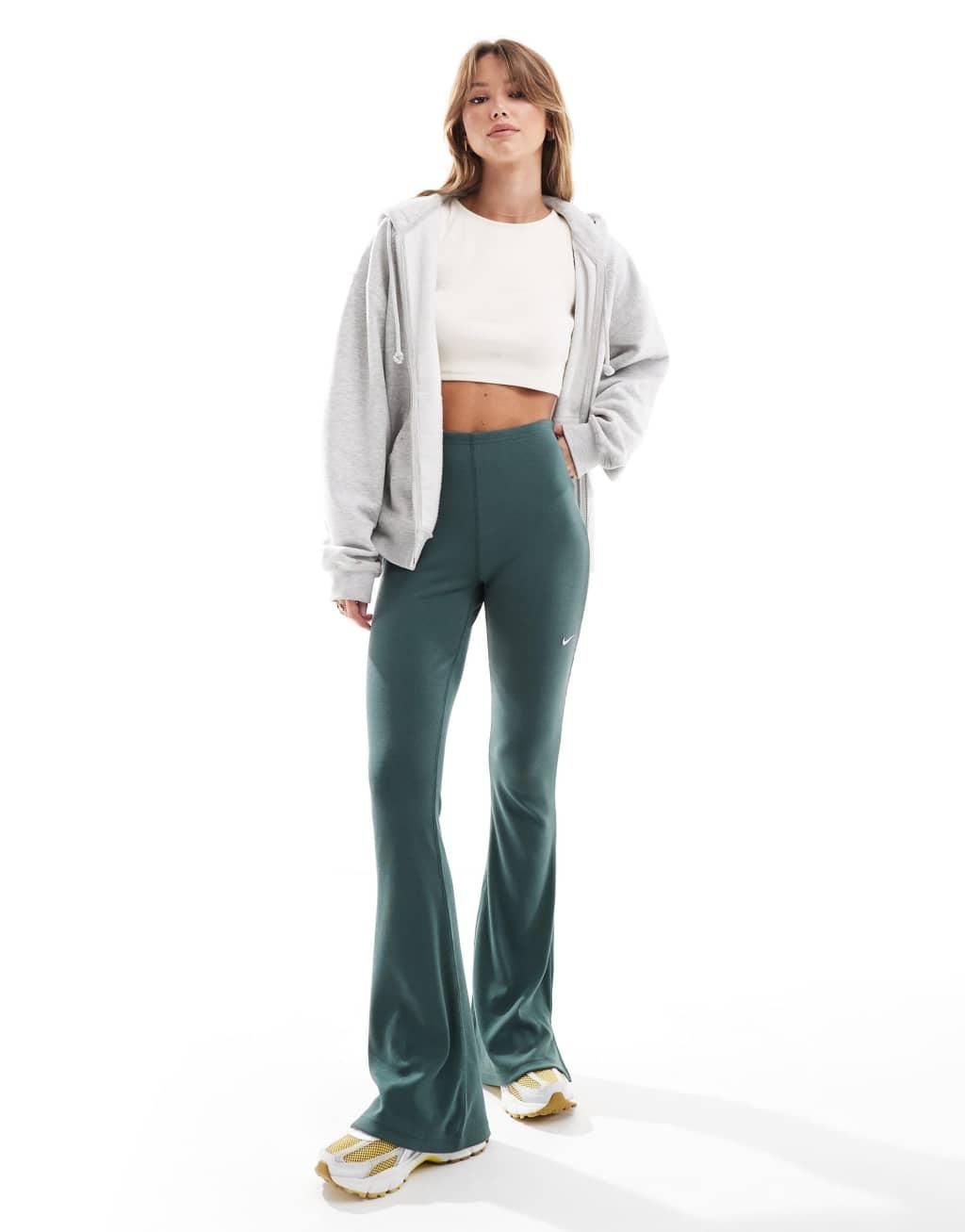 Nike Chill ribbed mid rise flared leggings in dark green Product Image