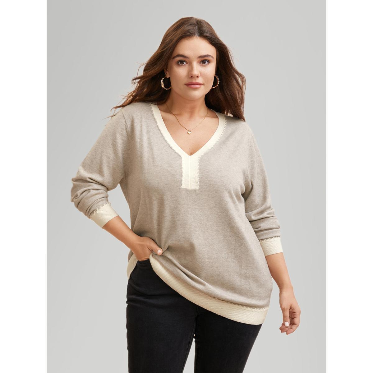 Plus Size Supersoft Essentials V Neck Contrast Crochet Pullover Apricot Women Casual Long Sleeve V-neck Everyday Pullovers BloomChic 12/L Product Image