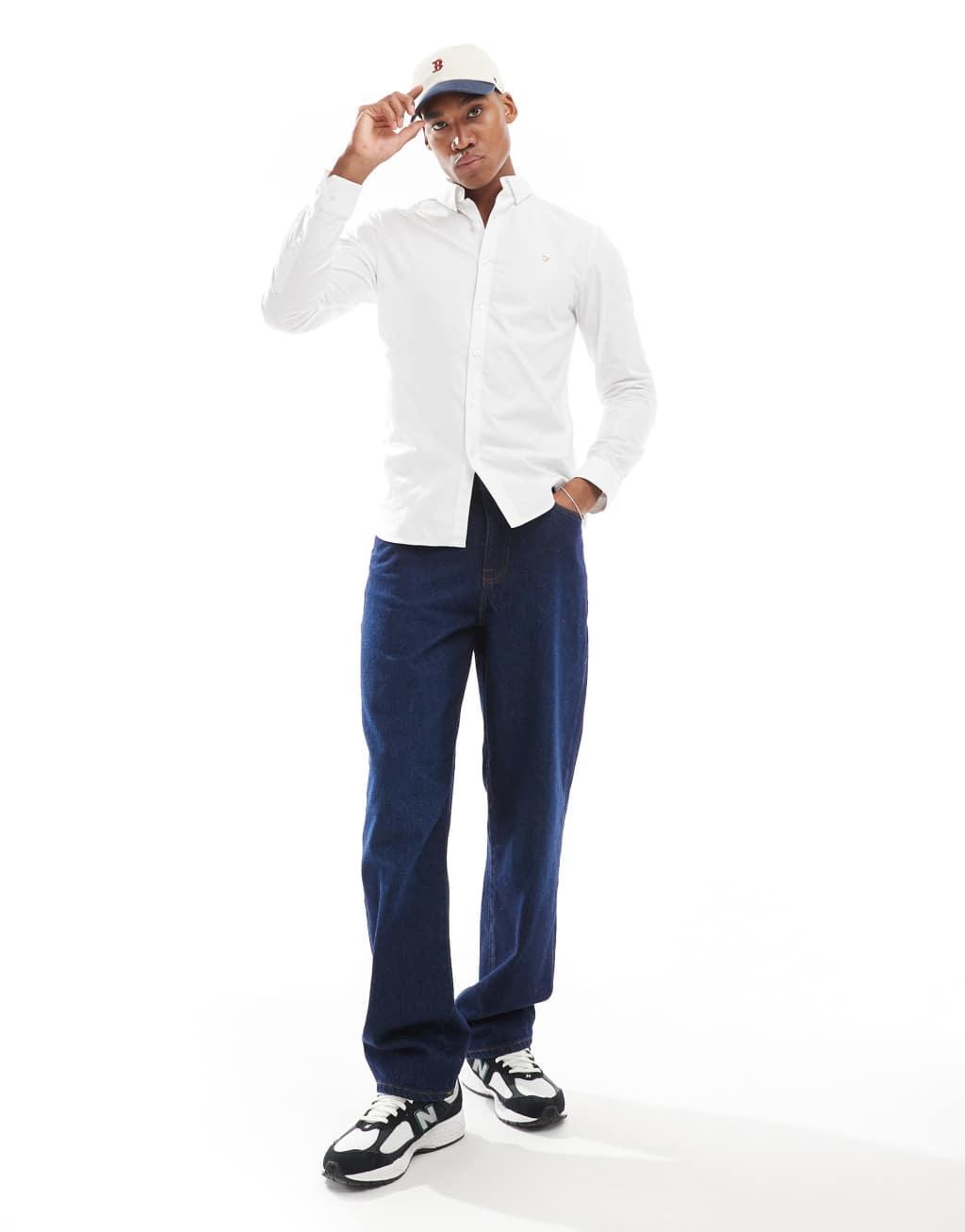 Farah Brewer slim fit long sleeve oxford shirt in white  Product Image
