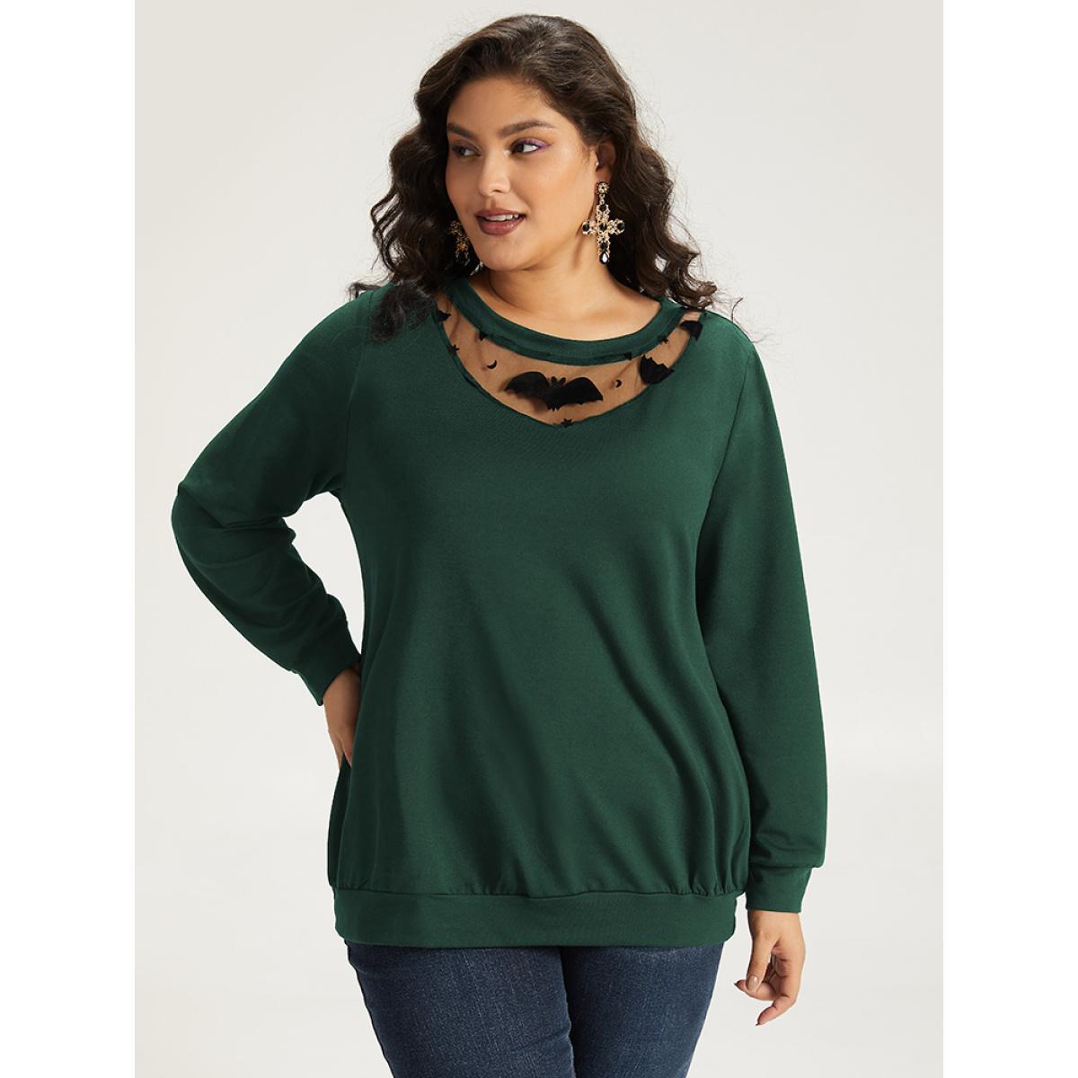 Plus Size Halloween Bat Print Mesh Patchwork Sweatshirt Women DarkGreen Elegant Elastic cuffs Round Neck Festival-Halloween Sweatshirts BloomChic 14-16/1X Product Image