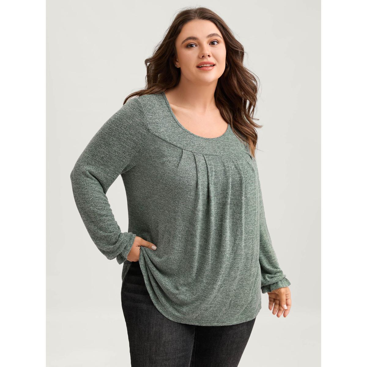 Plus Size Round Neck Heather Pleated T-shirt Emerald Women Elegant Pleated Round Neck Loose Everyday T-shirts BloomChic 26/4X Product Image