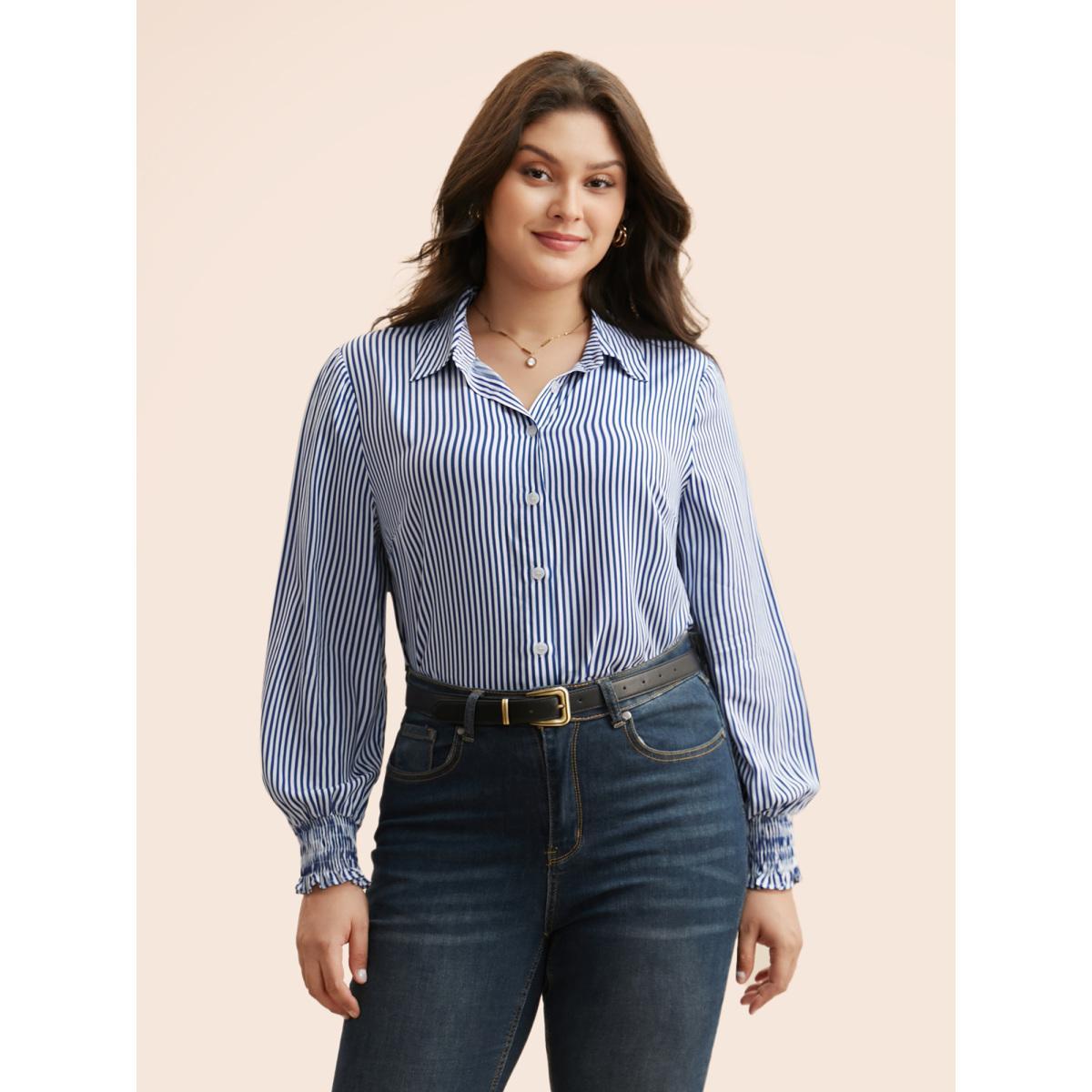 Plus Size Mediumblue Striped Shirt Collar Shirred Blouse Women Elegant Long Sleeve Shirt collar Everyday Blouses BloomChic 12/L Product Image