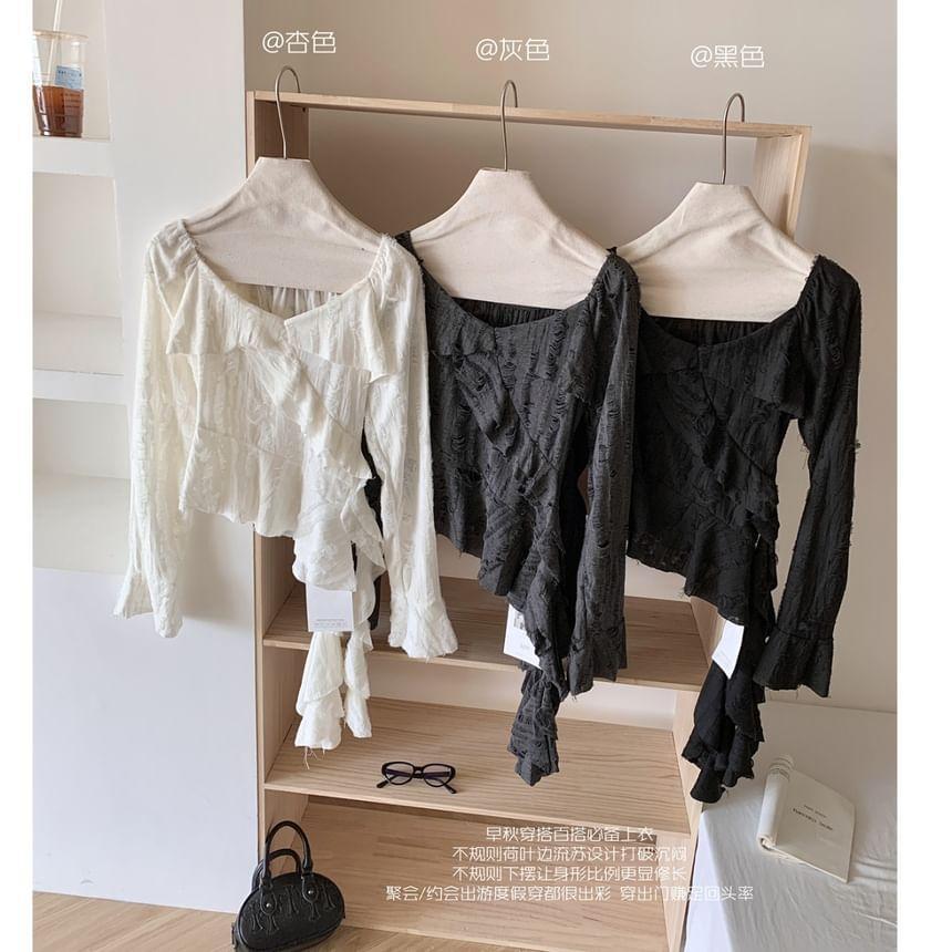 Long-Sleeve Scoop Neck Plain Ruffle Trim Asymmetrical Top Product Image
