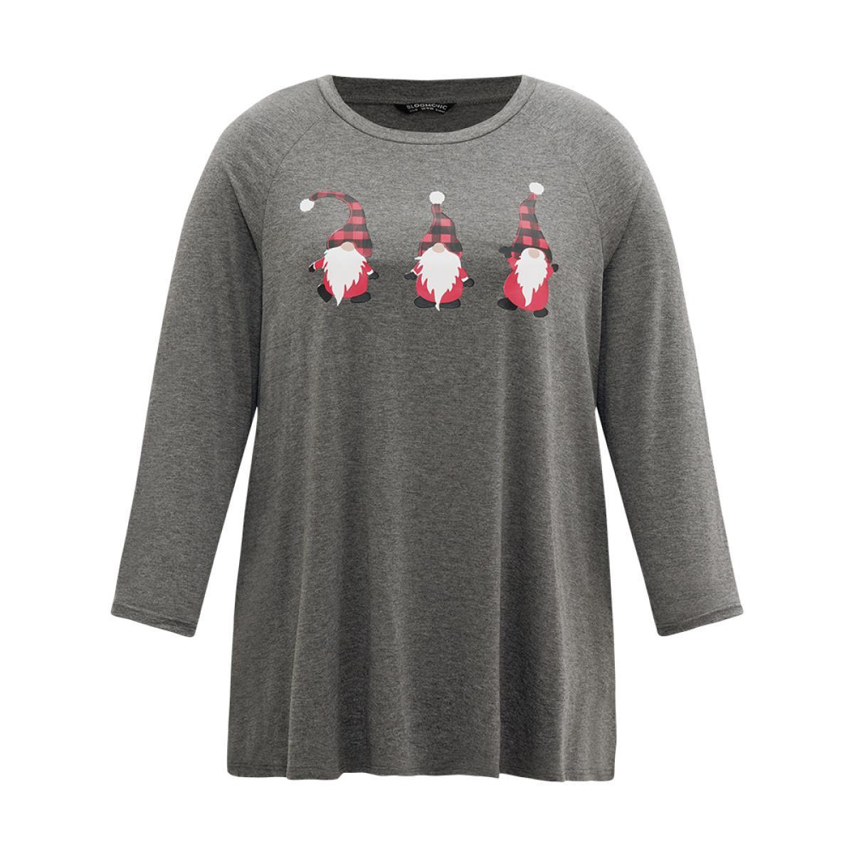 Plus Size Santa Claus Print Long Sleeve T-shirt Gray Women Casual Printed Christmas Dailywear T-shirts BloomChic 10/M Product Image