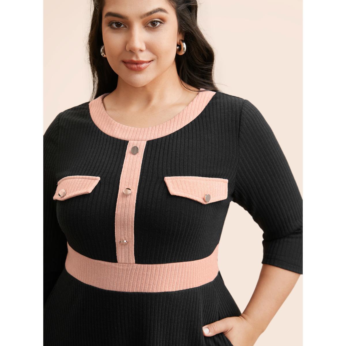 Plus Size Contrast Texture Metal Detail Midi Dress Black Women Elegant Texture Round Neck Elbow-length sleeve Curvy BloomChic 30/6X Product Image