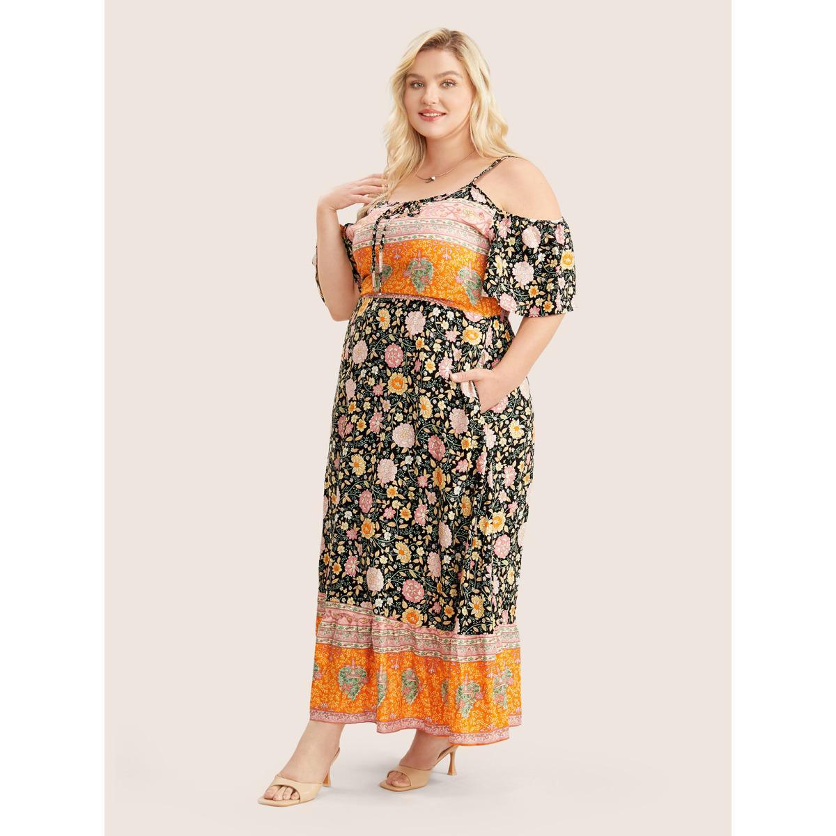 Plus Size Floral Print Pocket Keyhole Ruffles Cold Shoulder Maxi Dress Black Women Resort Non Non Half Sleeve Curvy Long Dress BloomChic 26/4X Product Image