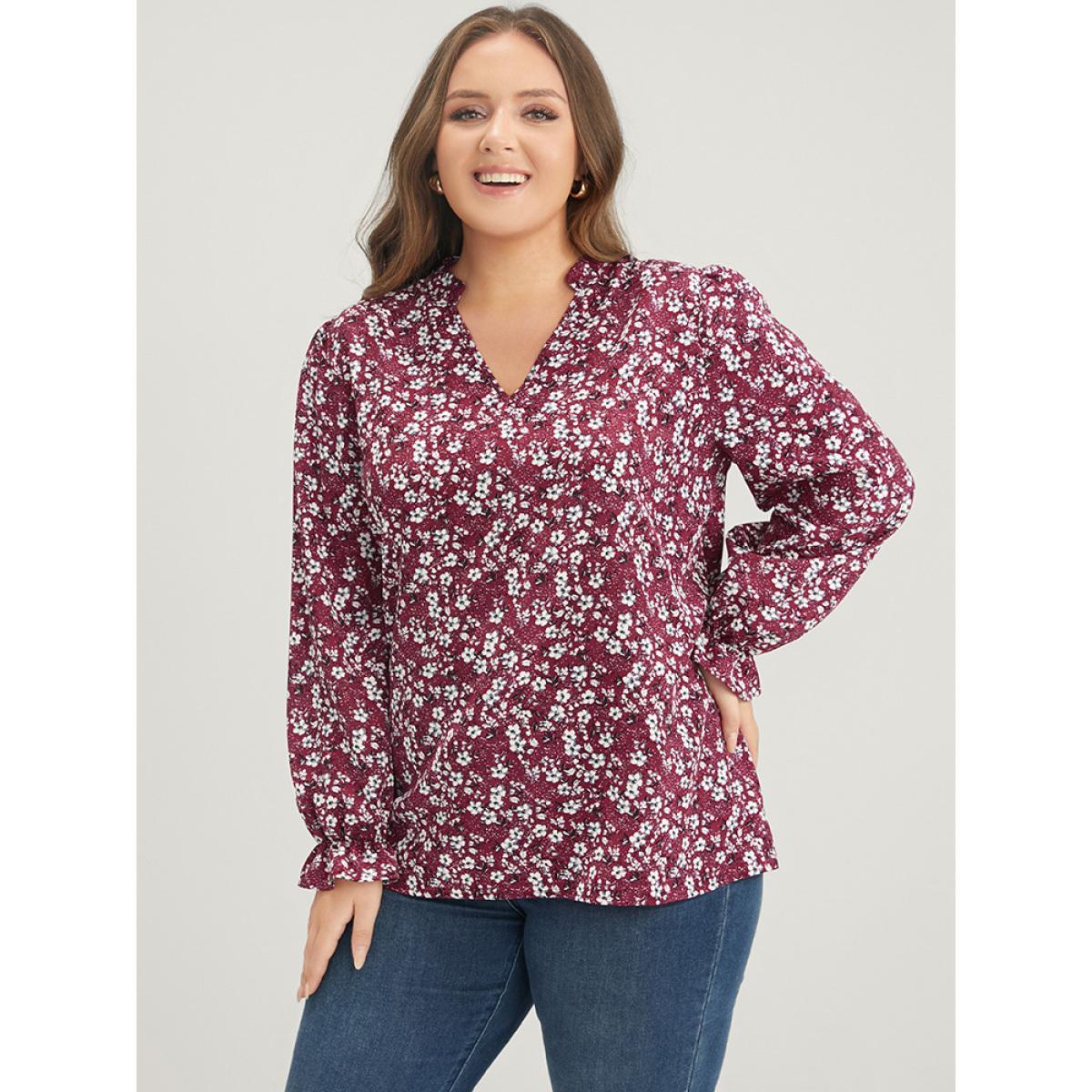 Plus Size Burgundy Floral Lantern Sleeve Arc Hem V Neck Blouse Women Elegant Long Sleeve V-neck Dailywear Blouses BloomChic 18-20/2X Product Image