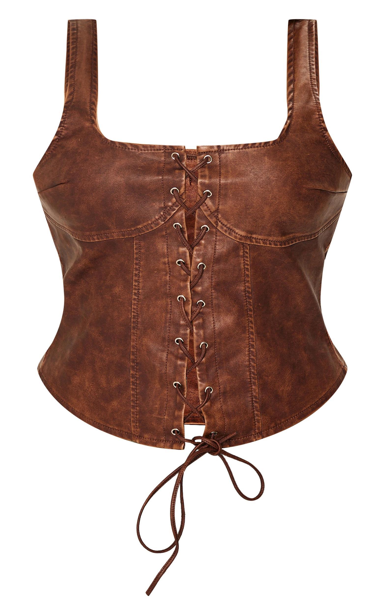 Plus Chocolate Washed Faux Leather Lace Up Corset Top Product Image