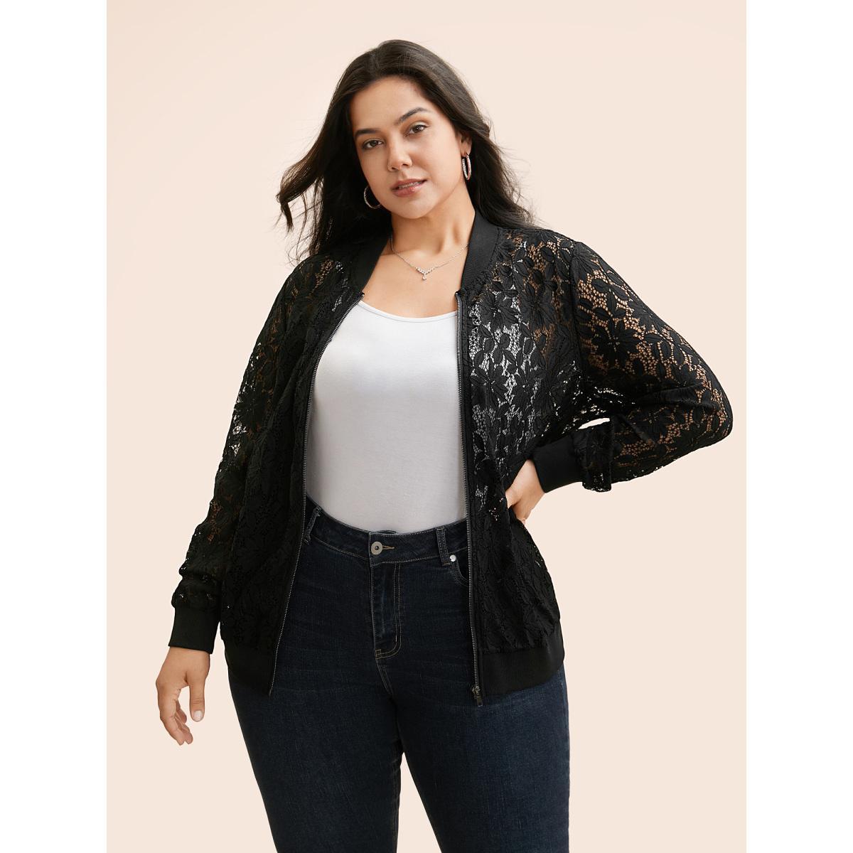 Plus Size Lace Panel Zipper See Through Jacket Women Black See through Everyday Jackets BloomChic 28/5X Product Image