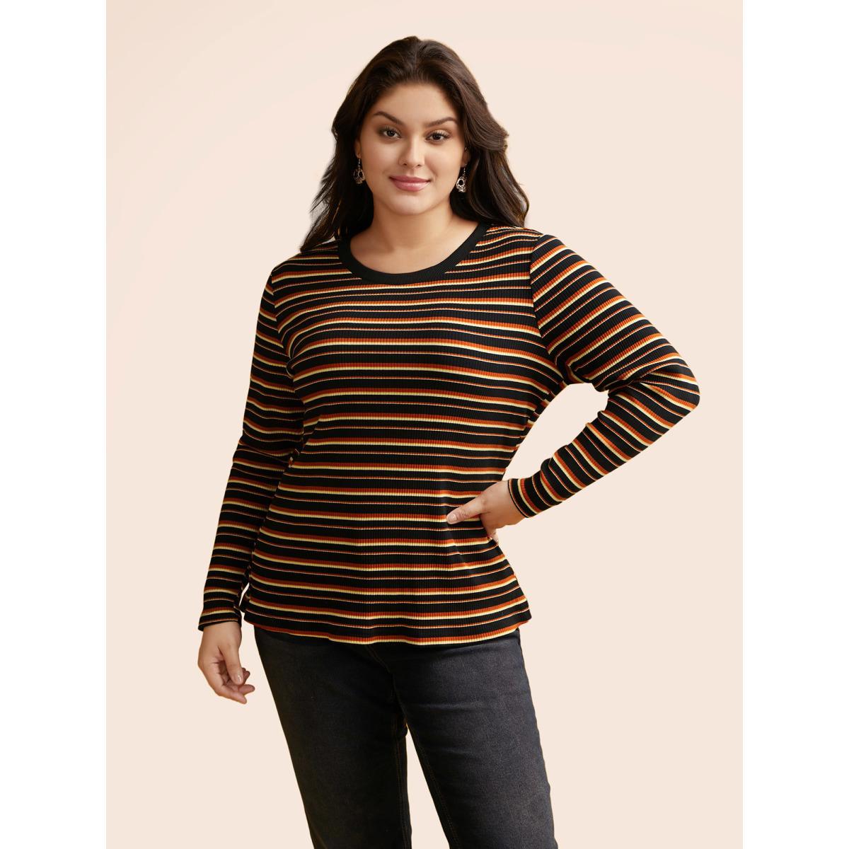 Plus Size Striped Knit Crew Neck T-shirt Black Women Casual Texture V-neck Bodycon Everyday T-shirts BloomChic 18-20/2X Product Image