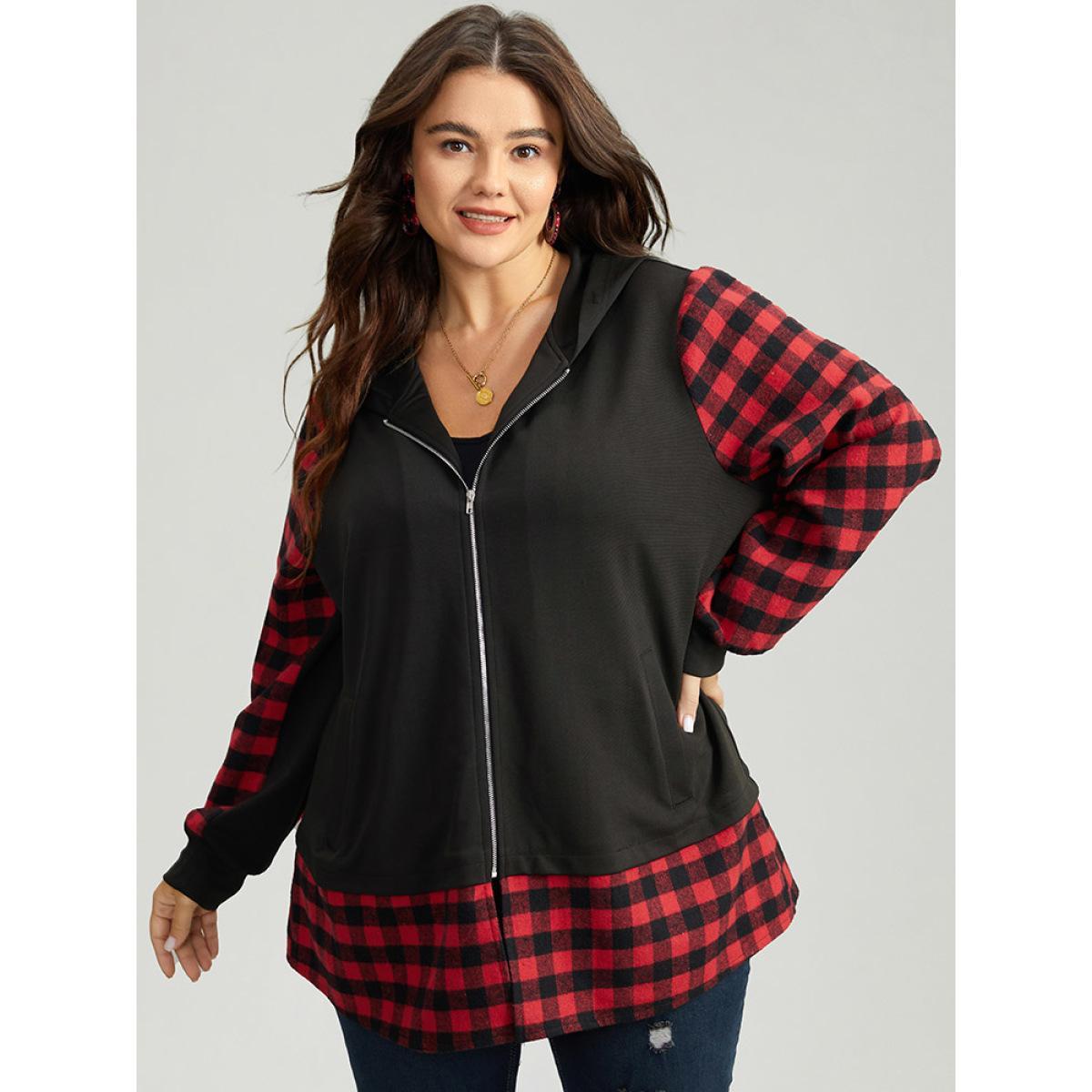 Plus Size Gingham Patchwork Hooded Zipper Contrast Coat Women Red Contrast Pocket Dailywear Jackets BloomChic 10/M Product Image