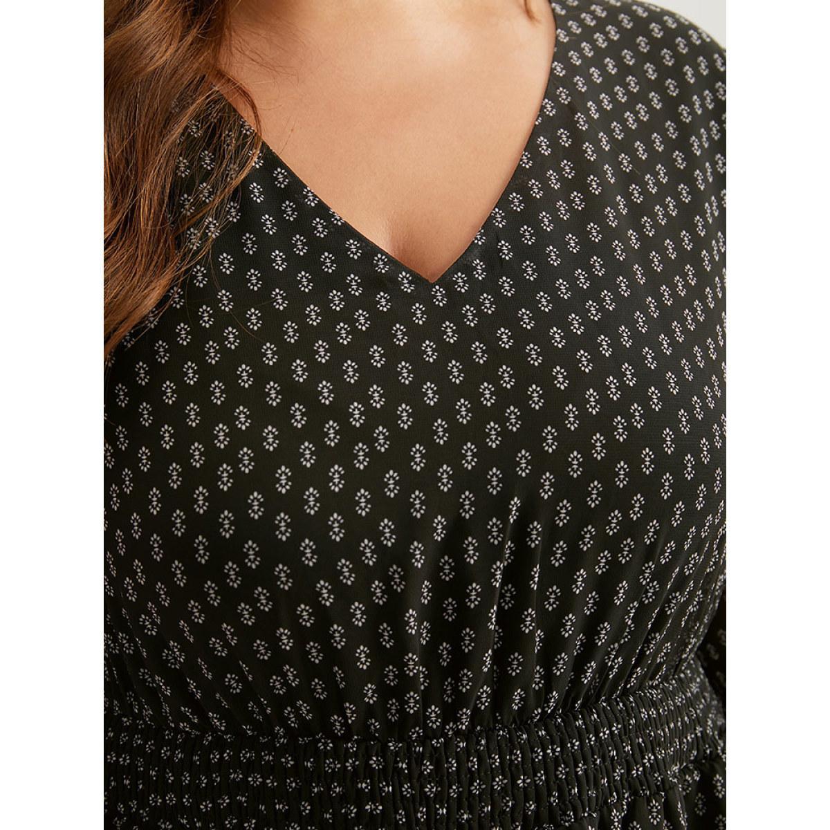 Plus Size Geometric Shirred Mesh Frill Trim Dress BlackFlower Women At the Office See through V-neck Long Sleeve Curvy Midi Dress BloomChic 22-24/3X Product Image