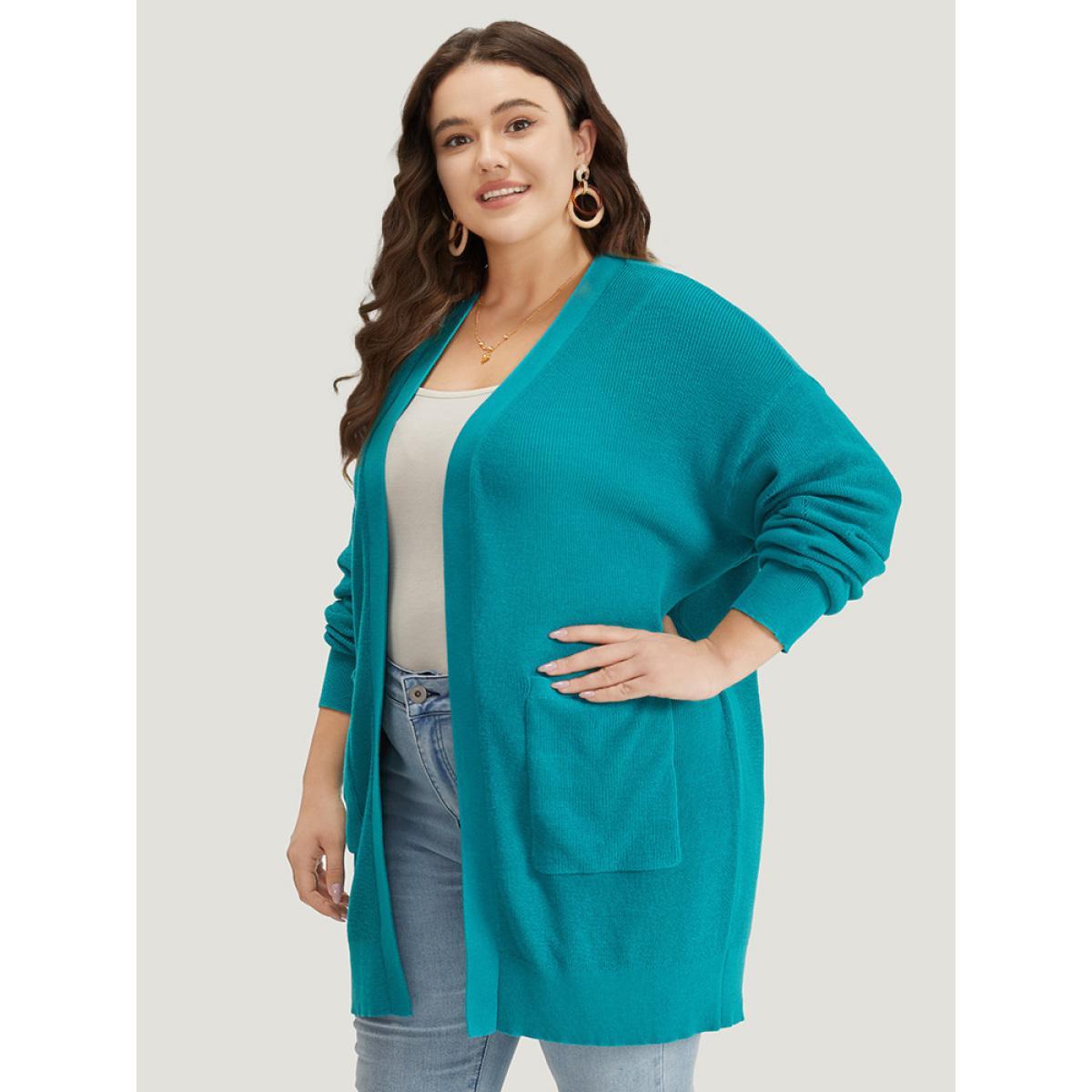Plus Size Solid Open Front Patched Pocket Cardigan Emerald Women Casual Loose Long Sleeve Dailywear Cardigans BloomChic 10/M Product Image
