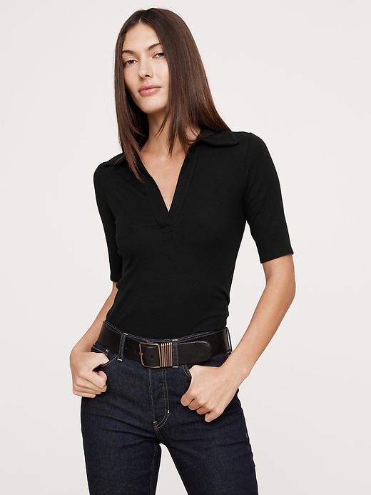 Ribbed Elbow-Sleeve Polo Product Image